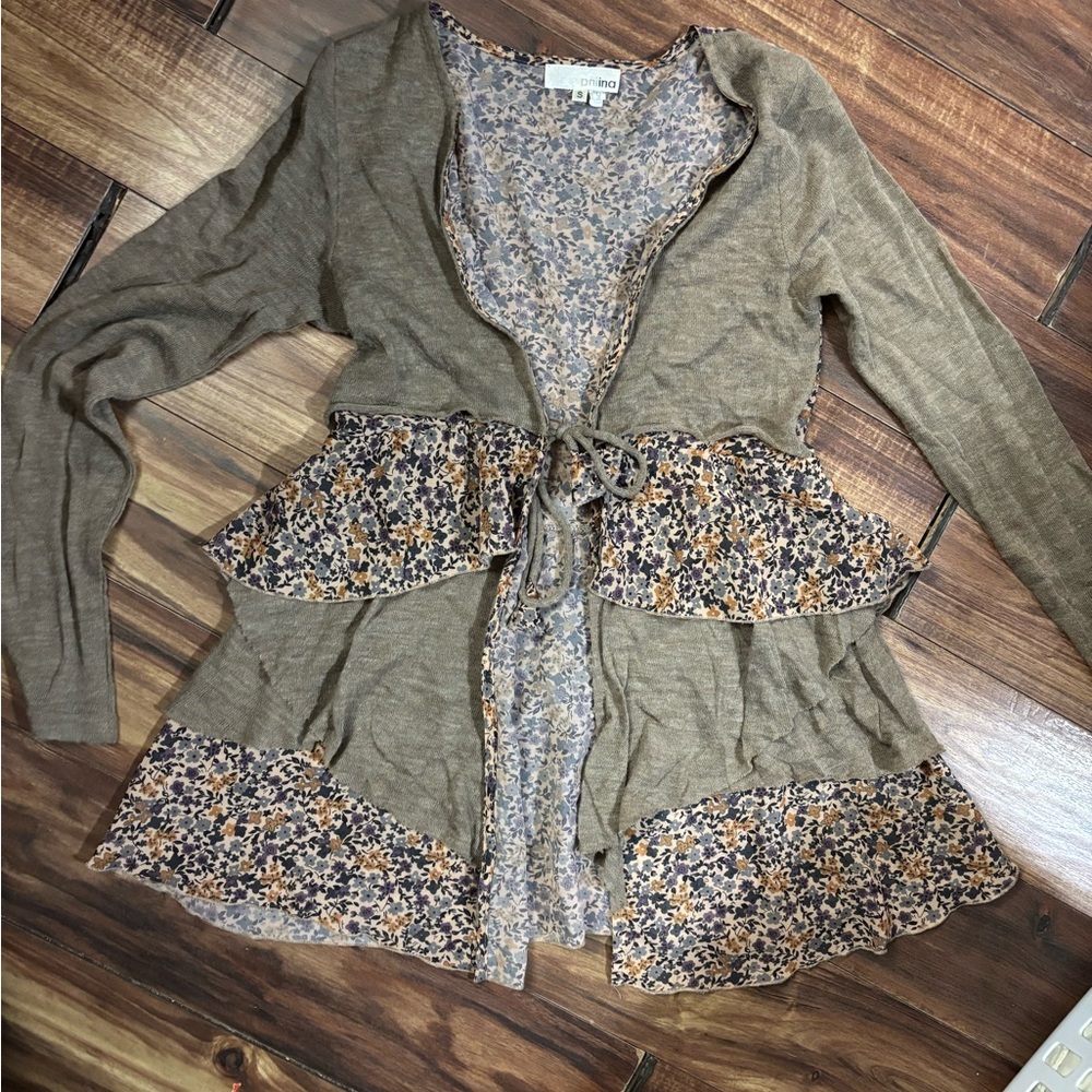 Small tie longer cardigan dainty floral blue green whimsygoth ruffle fairy maid